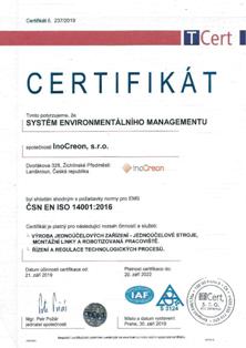 Certifikát ČSN EN ISO 14001-2016